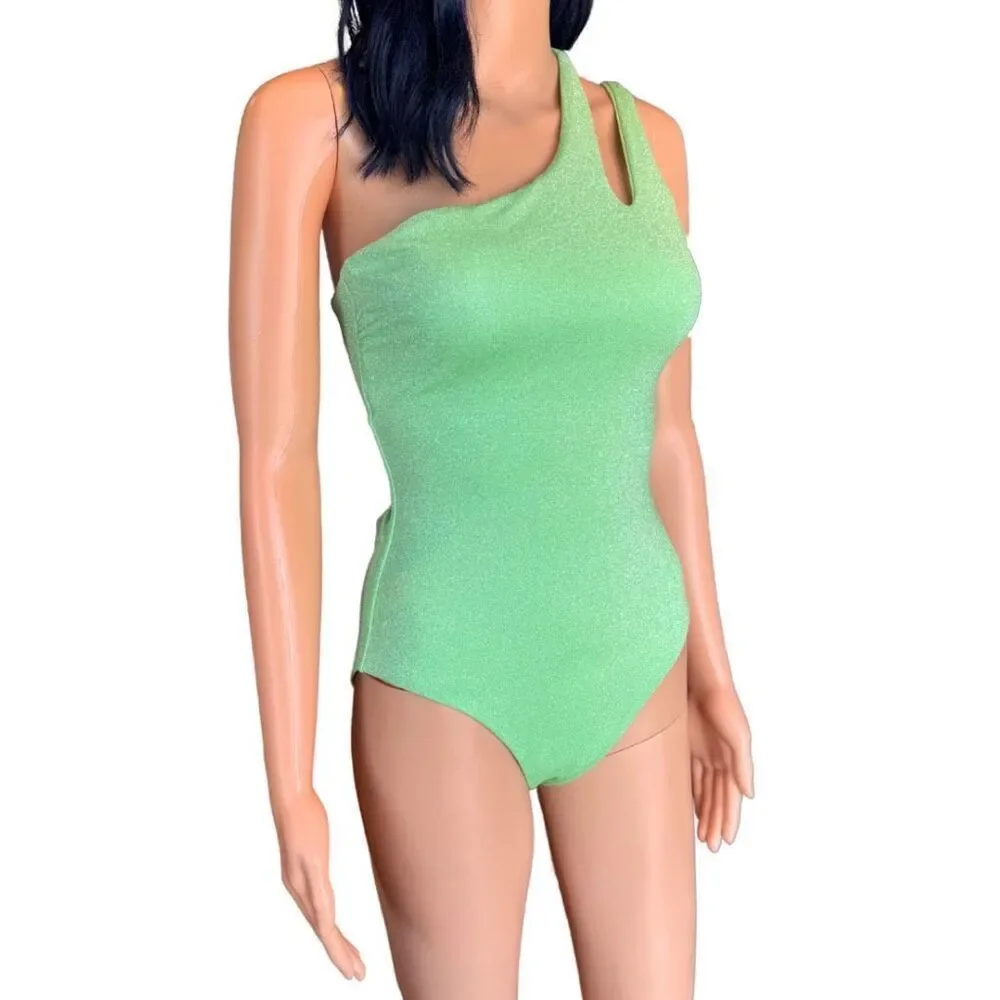 NWT BECCA Glimmer Shoulder One Piece Swimsuit Sparkly Lime Green Cutout Small
